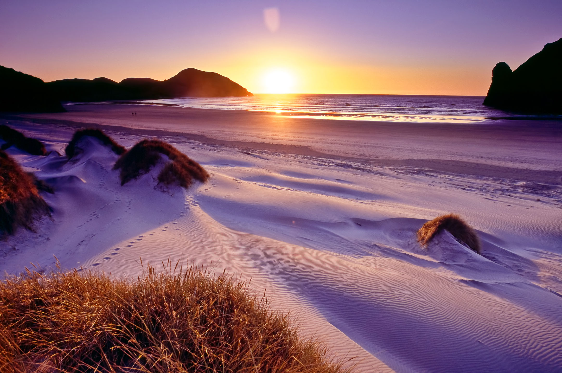 A serene sunset at Wharariki Beach, South Island, New Zealand