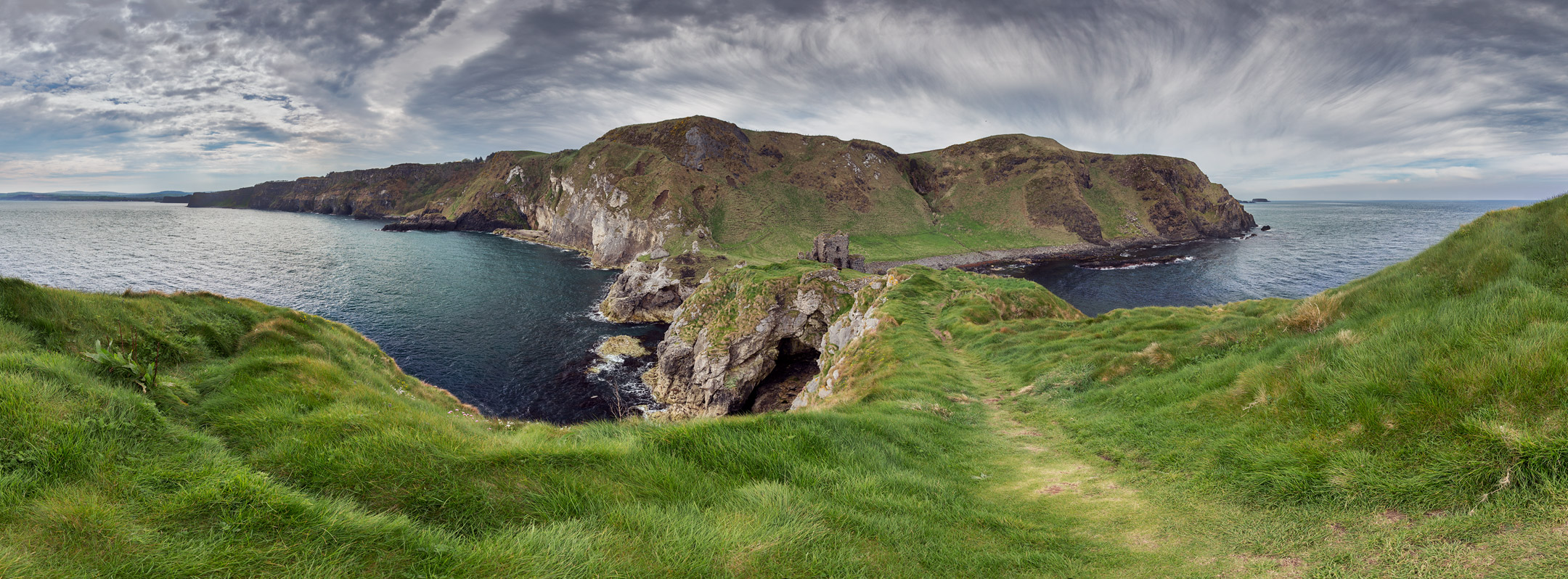 Panorama from Kinbane Head looking back to the castle and mainland, County Antrim, Northern Ireland