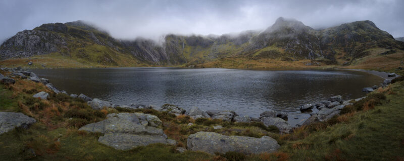 Panorama of Llyn Idwal in Snowdonia, Wales