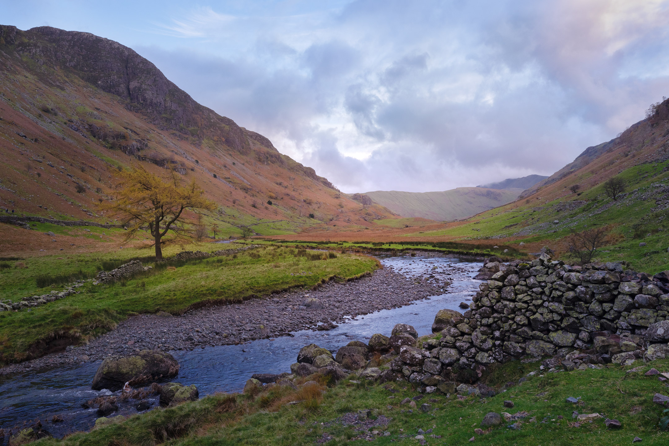 Dusk falls over the Langstrath Valley in the Lake District, England