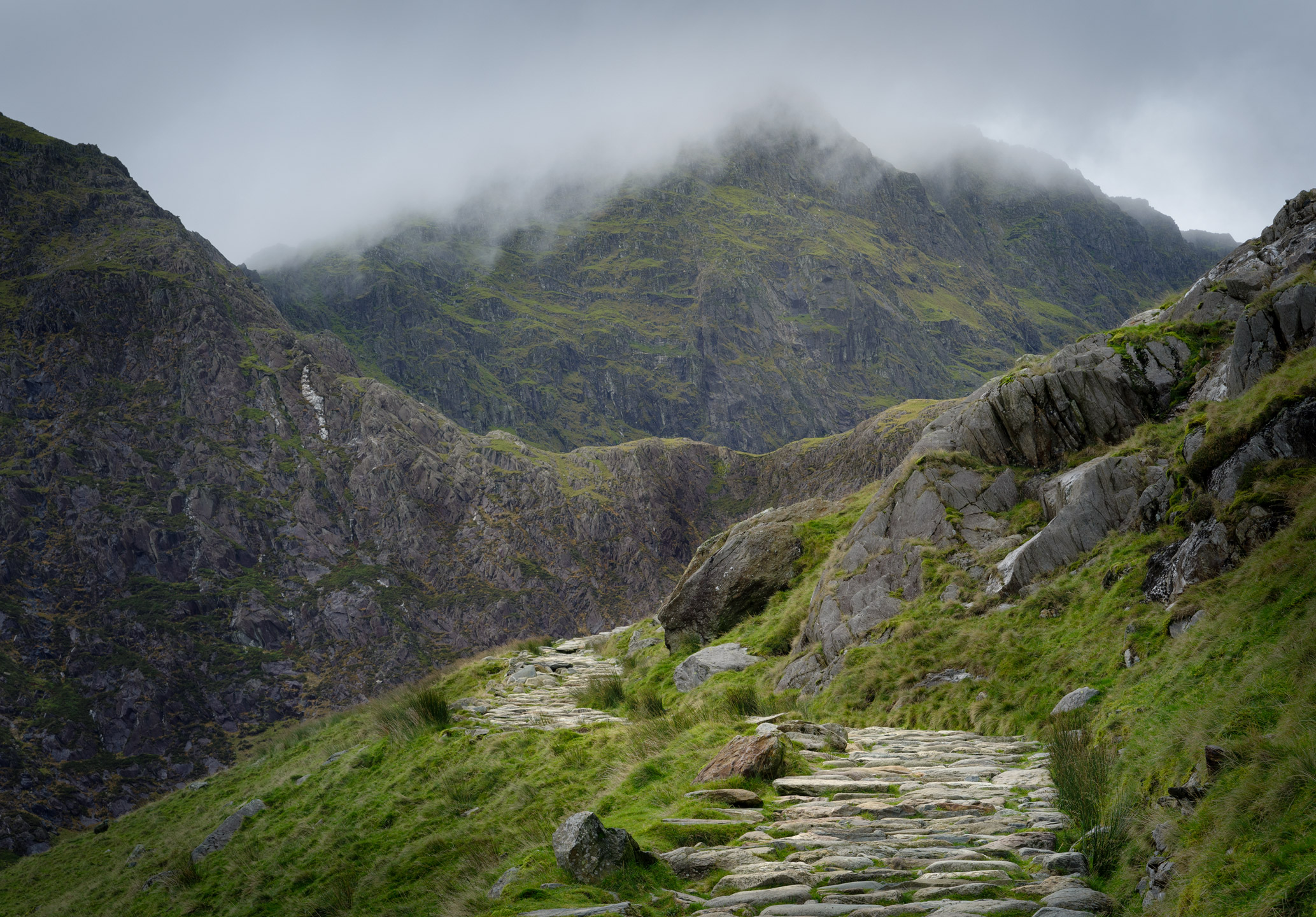 Mount Snowdon wreathed in cloud in Snowdonia, Wales