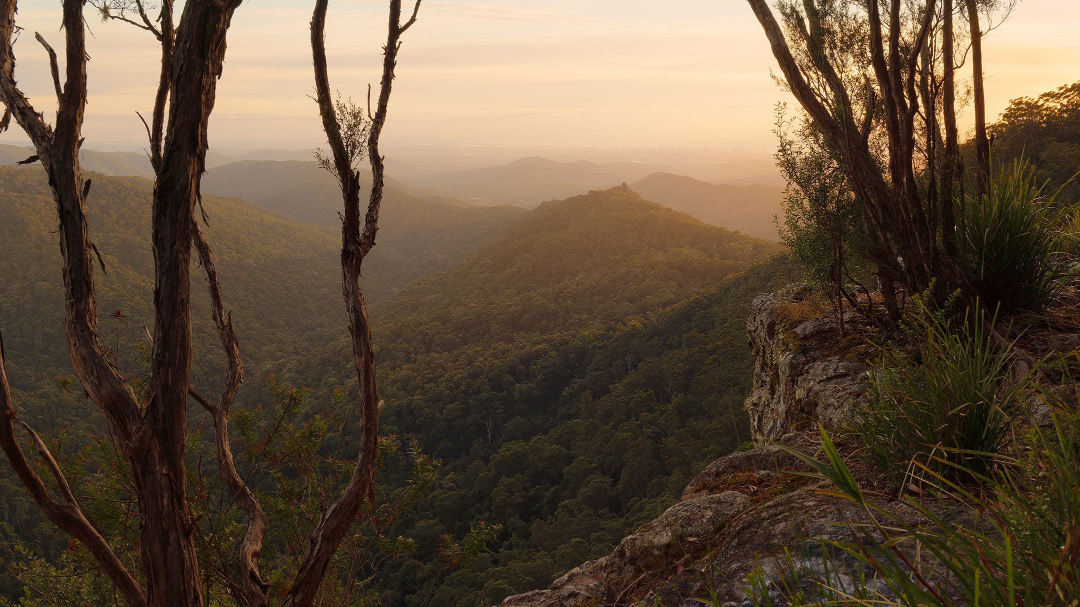 The sunrise spreads over the hills below Springbrook, Australia