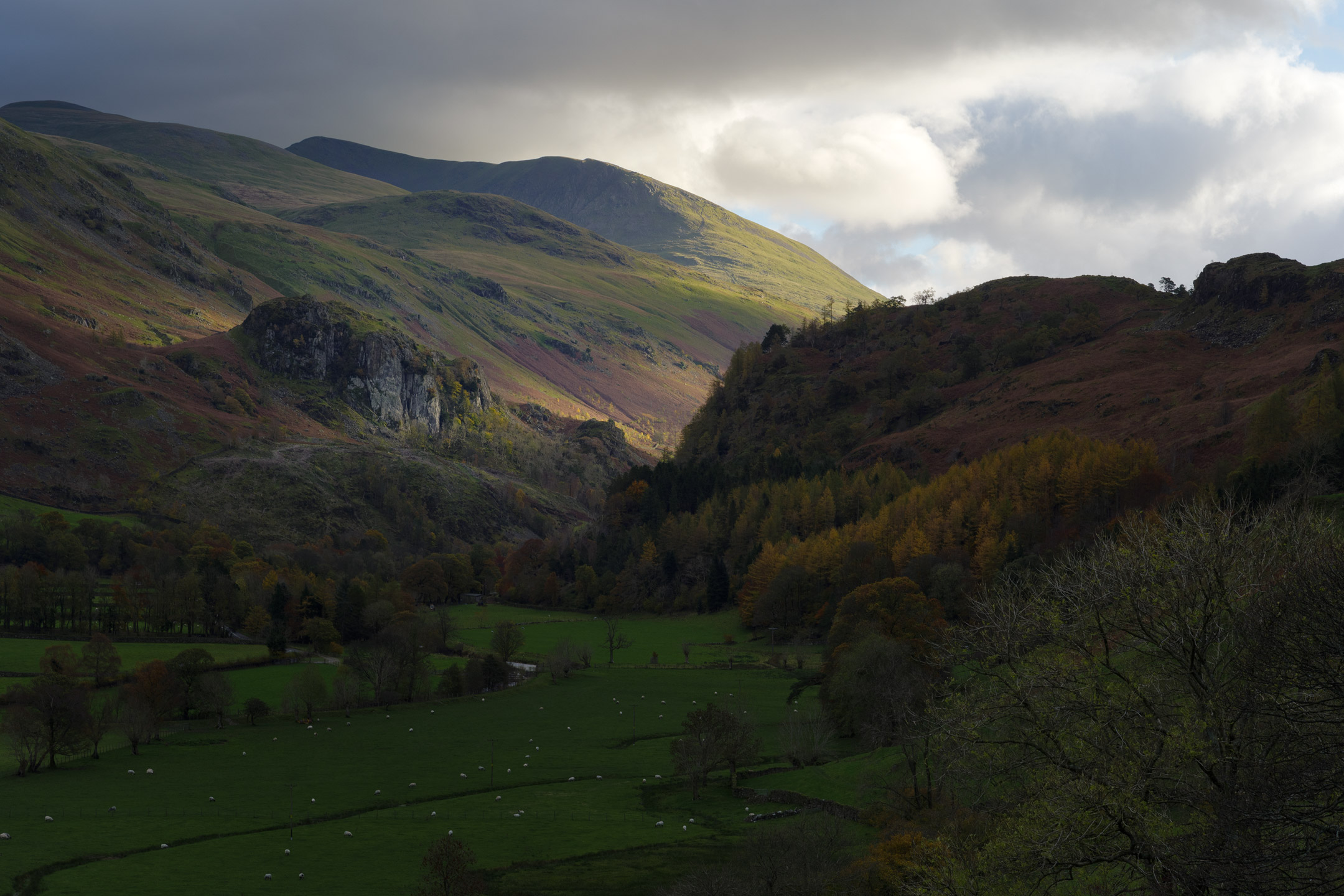 A hint of light touches the edges of St Johns in the Vale in the Lake District, England